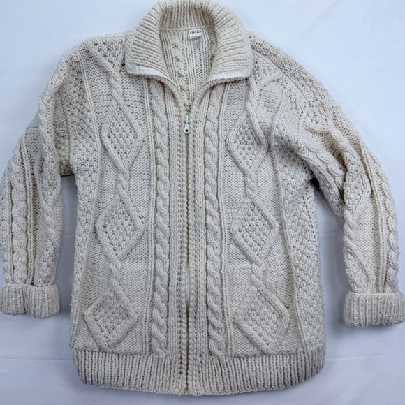 Artesanias Otavalo Hand Made 100% Wool Cable Knit Zip Up Cardigan Large Cream